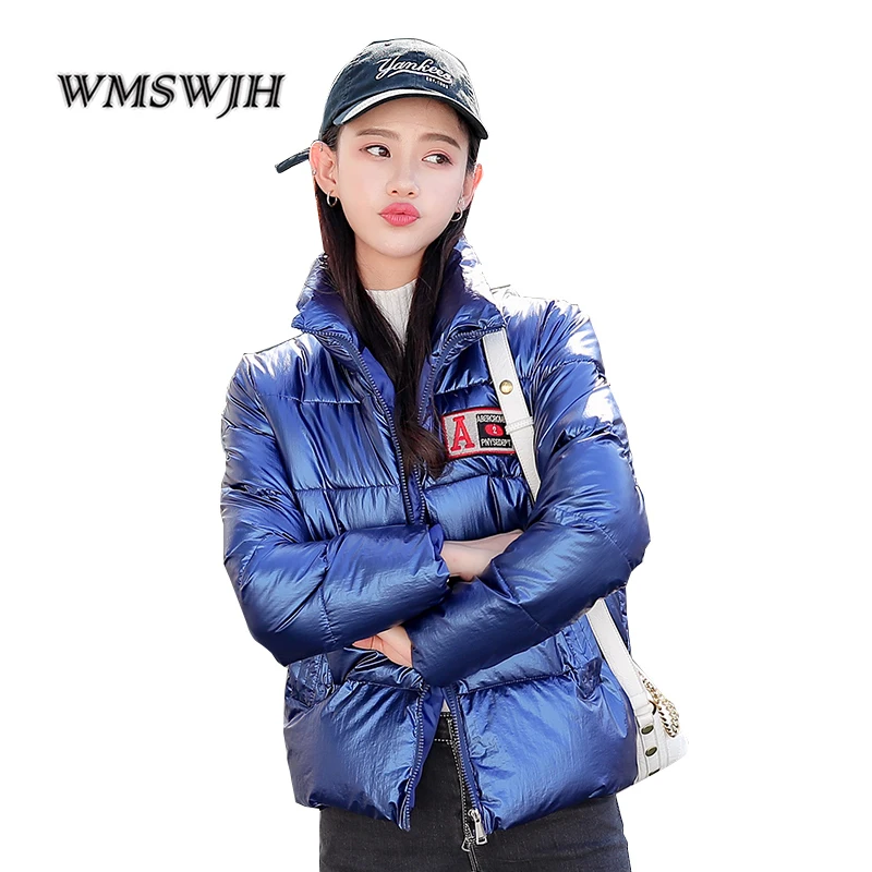 

Short Parkas Winter Jackets Women Warm Coats 2019 Fashion Autumn Metal Silver Blue Black Bright Thicken Stand Padded Down Parkas