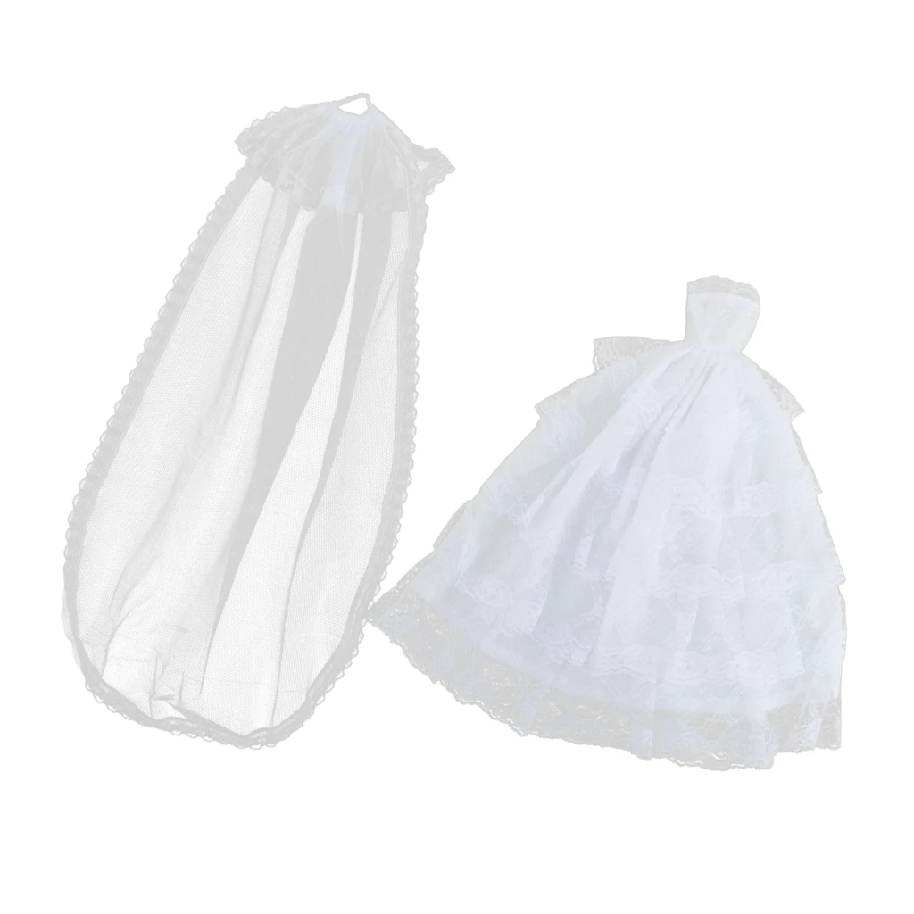  Stunning Garment Set White Tube Top Dress Wedding Gown w. Veil & Black Tux Business Suit For   Doll Accs