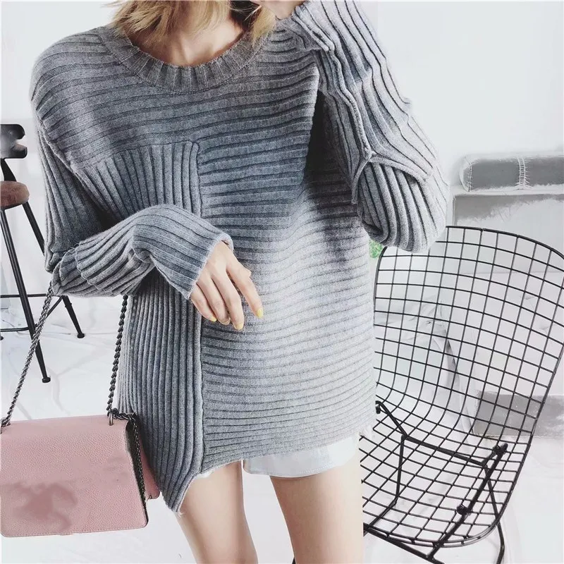 2018 женские вязаные пуловеры с длинным рукавом на осень-зиму с круглым вырезом, свободный свитер, повседневный Асимметричный однотонный