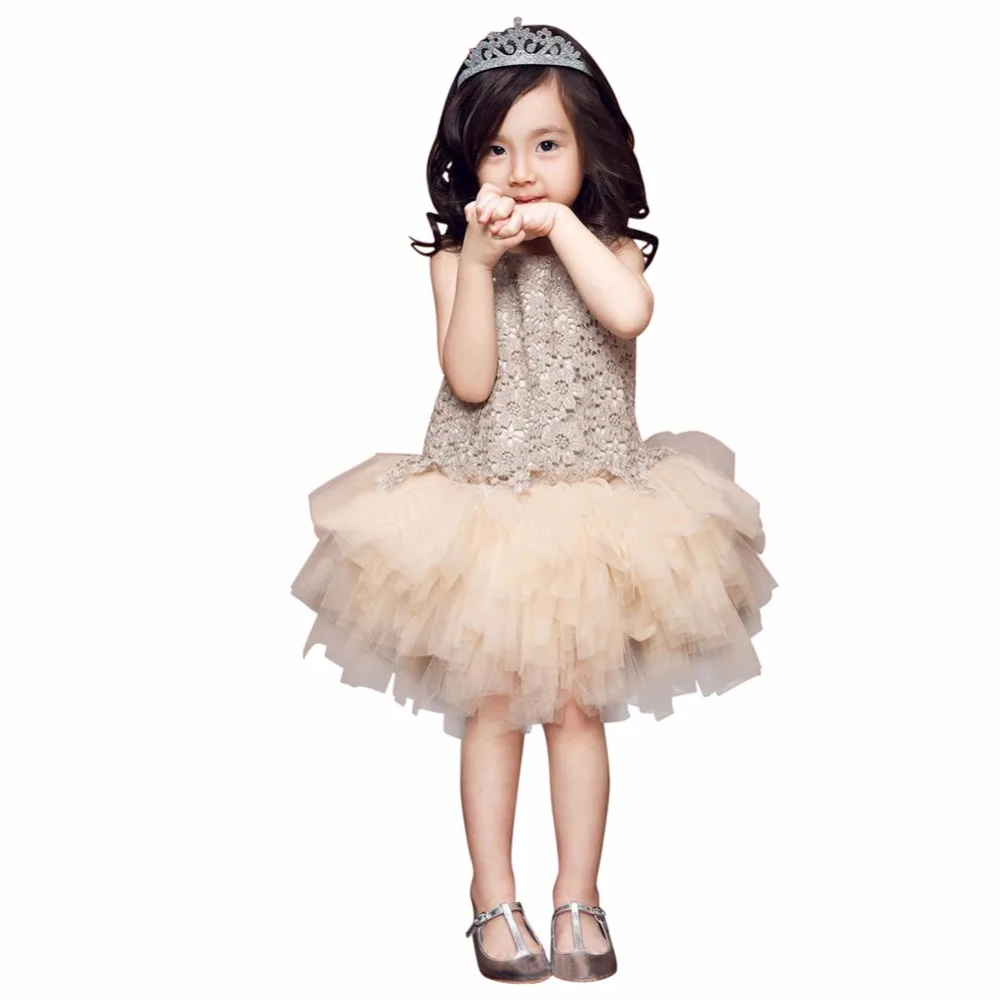 

Fashion Lace Vest Girl Dress Baby Girl Princess Dress 3-7 Age Chlidren Clothes Kids Party Costume Ball Gown Beige