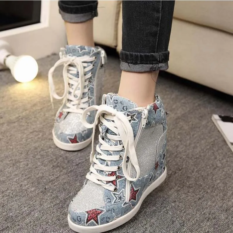 

women breathable mesh printed denim canvas casual shoes zip lace up woman height increasing elevator boots fashion wedges shoes
