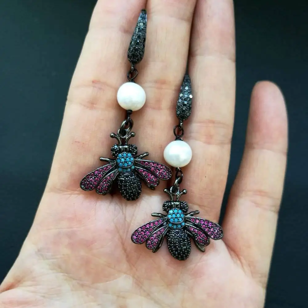 

White Pearl CZ Pave Bees Earrings