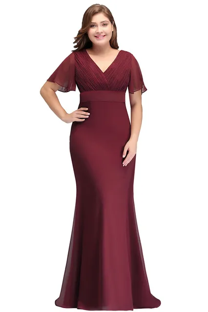 SALE Plus Size Long Red Evening Dresses Women Birthday Gift Mermaid Chiffon Party Robe Engagement Elegant V-neck Short Sleeves Burgundy