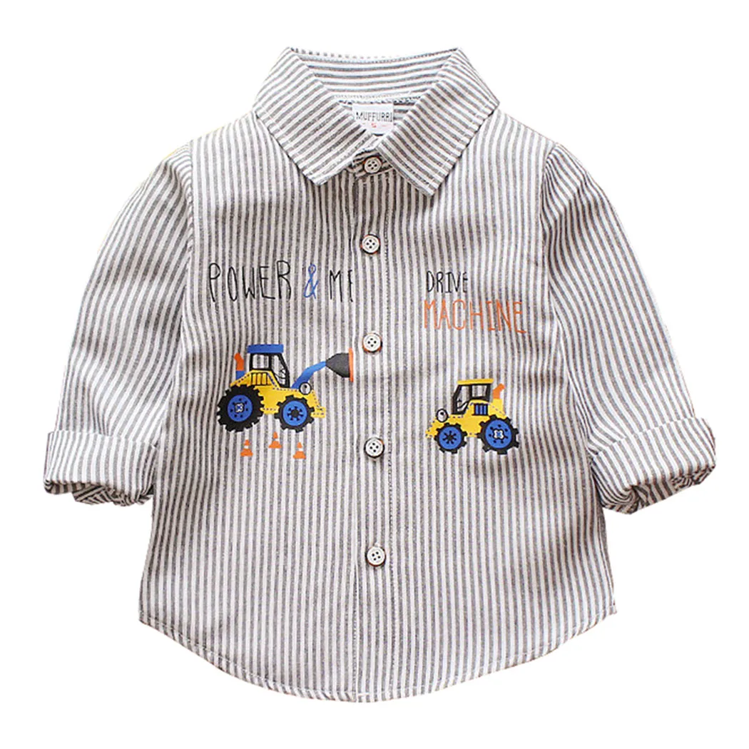 Повседневная футболка с длинными рукавами для маленьких мальчиков, подарок, футболка на пуговицах, блузка, рубашка, топы в полоску с принтом экскаватора