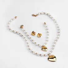 Collar de Perlas Conjunto de Joyería de Moda femenina de Calidad Chapado En Oro Pulsera Amor Colgante de Acero Inoxidable Pendientes para Las Mujeres Regalo