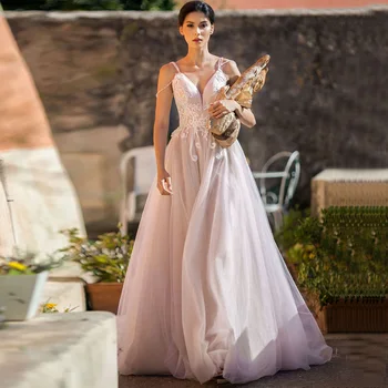 

2019 Princess Pink Wedding Dresses Spaghetti Straps Tulle Bride Dress Vestido de Novia Custom Made A-line Bridal Gown