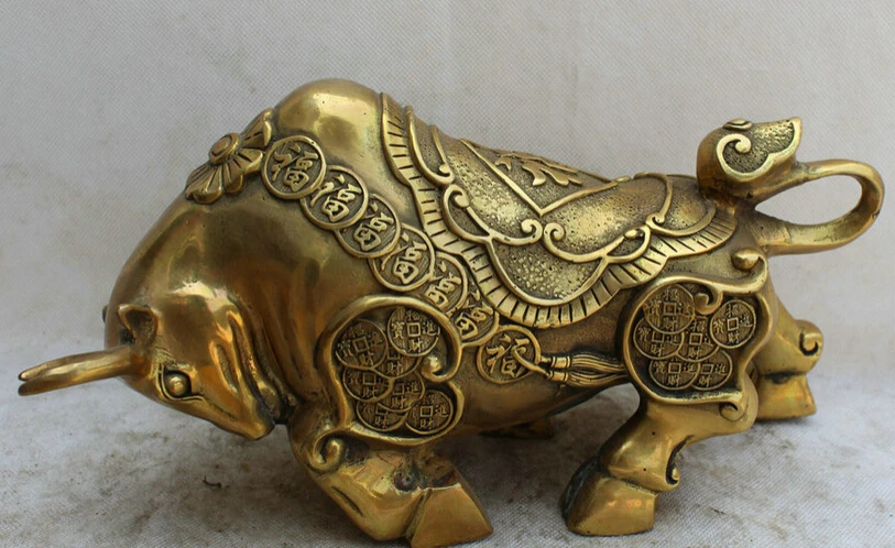 

song voge gem S5826 12" Chinese Brass wealth Fu Fengshui Zodiac Year Bull Oxen sculpture Statue