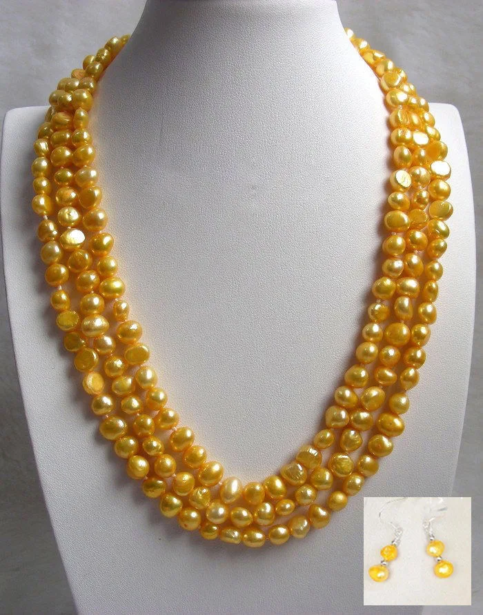 genuine 100% natural 3row 5Color red Natural pearl necklace earring SET