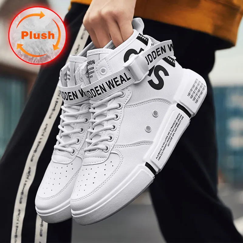 

SUROM Men Plush Warm PU Leather Casual Shoes Male High Top Tenis Masculino Adulto Basket Homme Shoes Fashion Black Sneakers