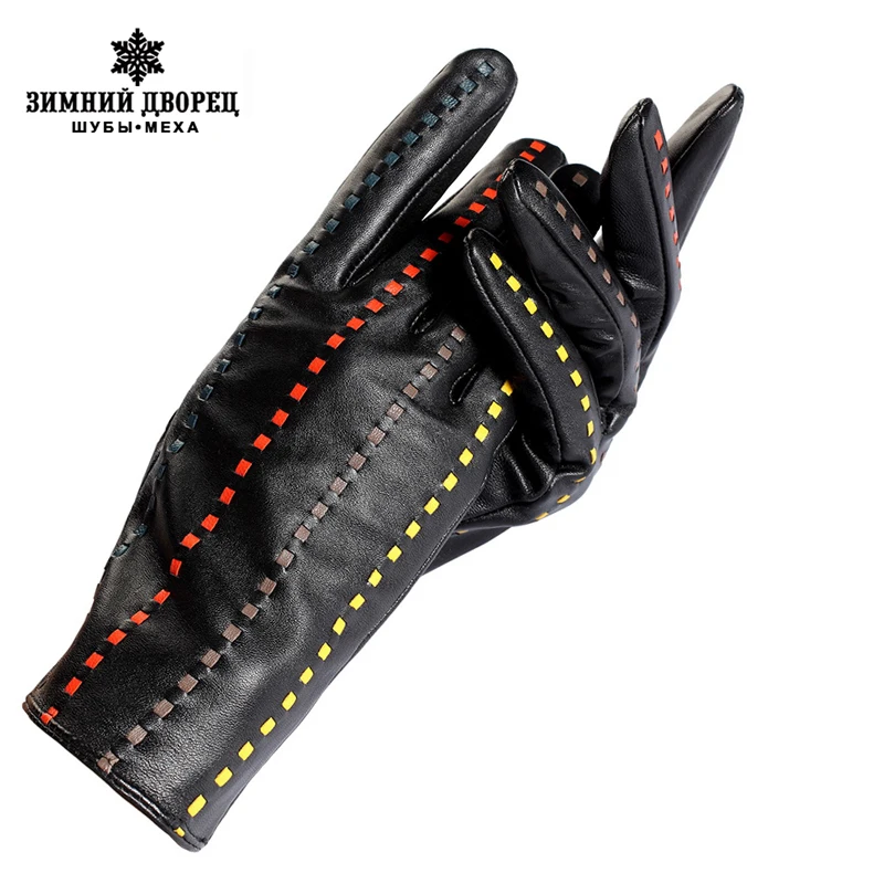 Vente Boutique pour acheter les meilleurs gants féminins, cuir véritable, adulte, coton doublé, élégant gants en cuir noir barre de couleur, gants en cuir