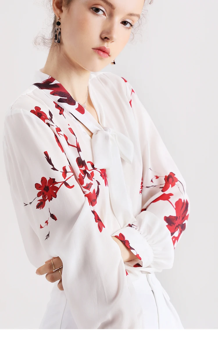 Women Blouse REAL SILK Crepe Print Long Sleeved Bow Collar Blouse Shirt White Office Lady Blouses Fall Winter Shirt