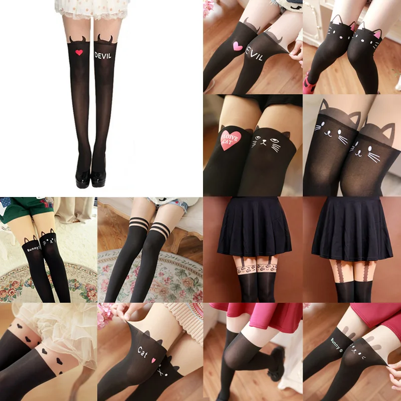 

New Sexy Girl's Pantyhose Design Pattern Printed Tattoo Stockings Cat shape 4 Style Sheer Pantyhose Mock Stockings Tights