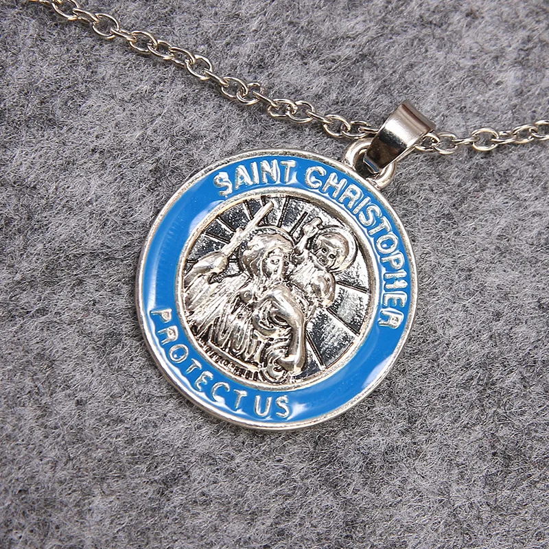 

Enamel Patron Saint of Christian Travelers - Saint Christopher Round Necklace Pendant religious alloy jewelry sweater chain