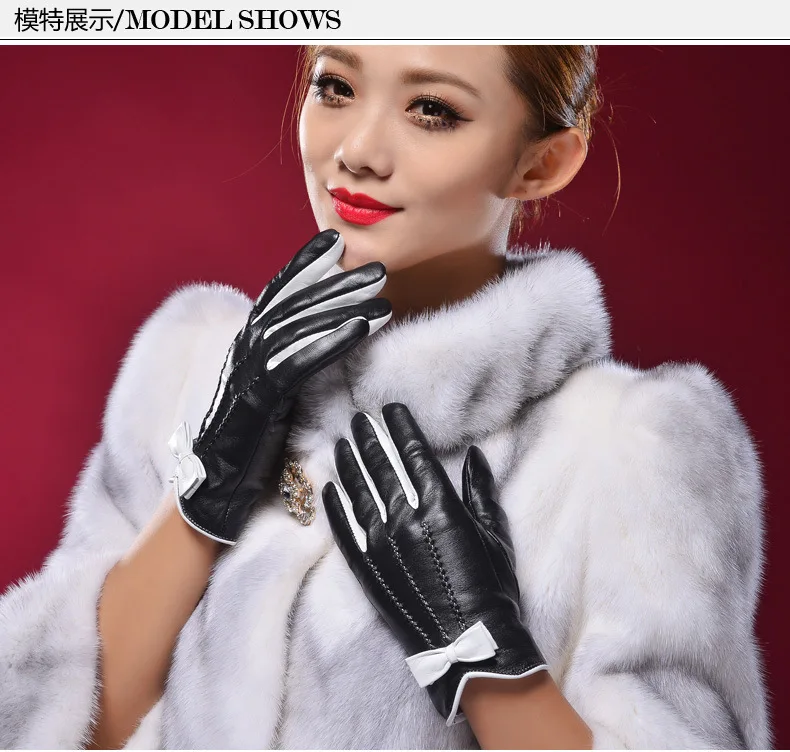 Женские перчатки из натуральной кожи, для взрослых, осенние и зимние варежки, женские, с бантом, утолщенные, теплые, Luva, перчатки из овчины, B-9606