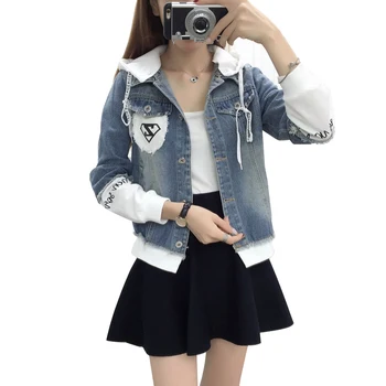 

New Autumn Casual Hooded Short Denim Jacket Women Fashion Splicing Patch Coat Plus size Pockets Loose Jackets Jeans Coat Female