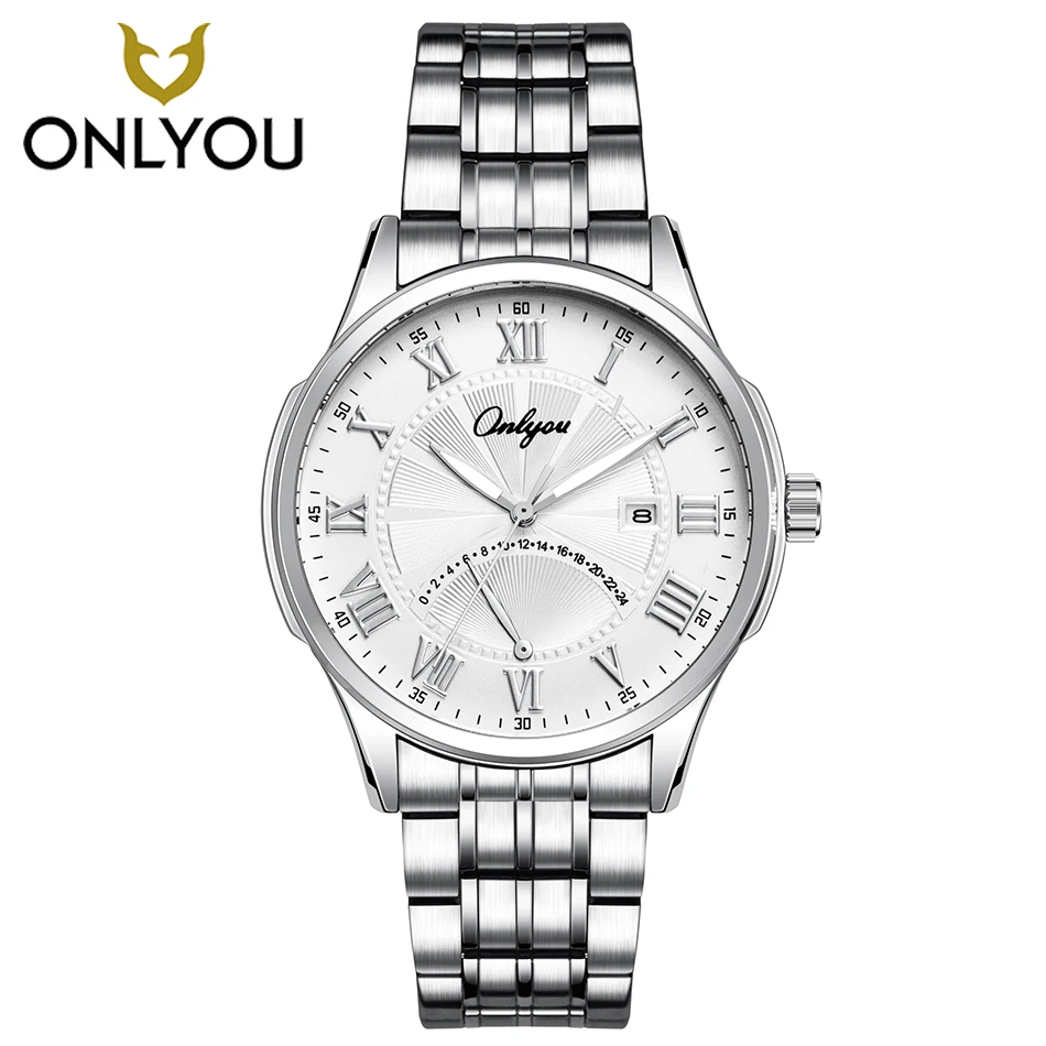 

ONLYOU Men Business Stainless Steel Watch Women Dress Bracelet Luxury Silver Watchband lovers Watches Date Displays Clock Ladies