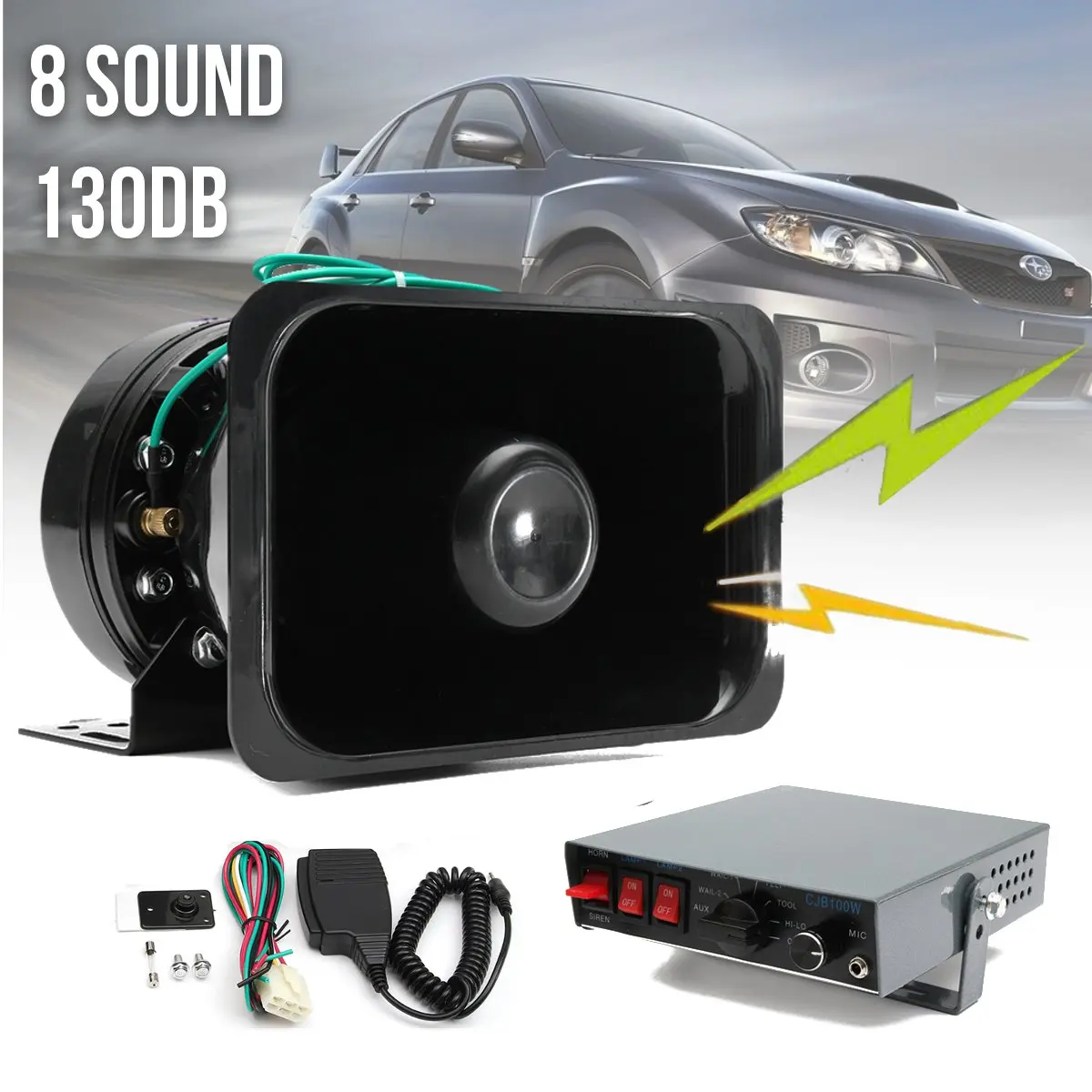 

12V 100W Loud Car Warning Alarm for Fire Siren Horn Speaker 8 Sound Tones 130dB with Black Wireless Remote Controller