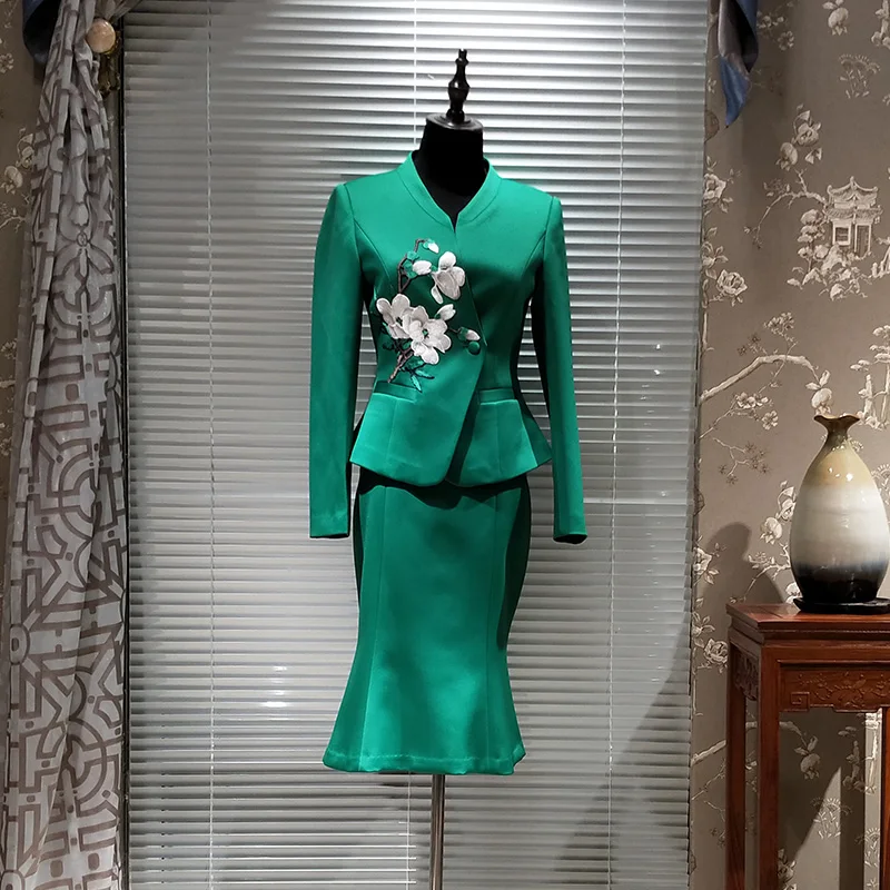 Дизайнерский Женский комплект формальный офисный костюм для дам с вышитой профессиональной юбкой рыбий хвост костюм с v-образным вырезом зеленые блейзеры юбки