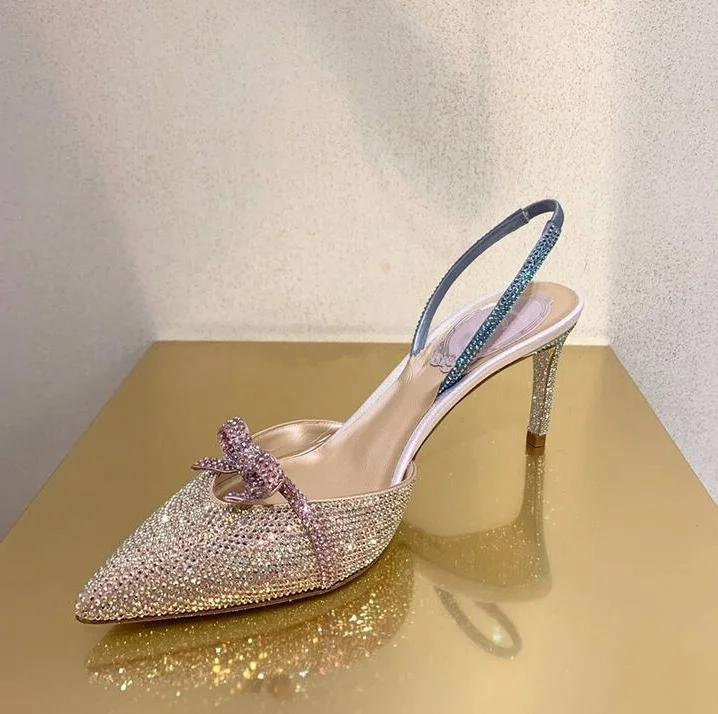 

Sweet Pink Crystal Bowtie Slingback Sandals For Women Pointed Toe Cut-out Ladies Wedding Shoes Bride Thin Heels Women Sandals