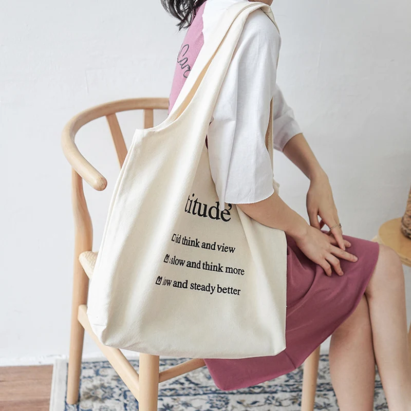 

Women Cotton Bags Canvas Bags Ladies Shopping Canvas Bag Female Folding Shoulder Bag Handbag Tote Letter Printing Large Capacity