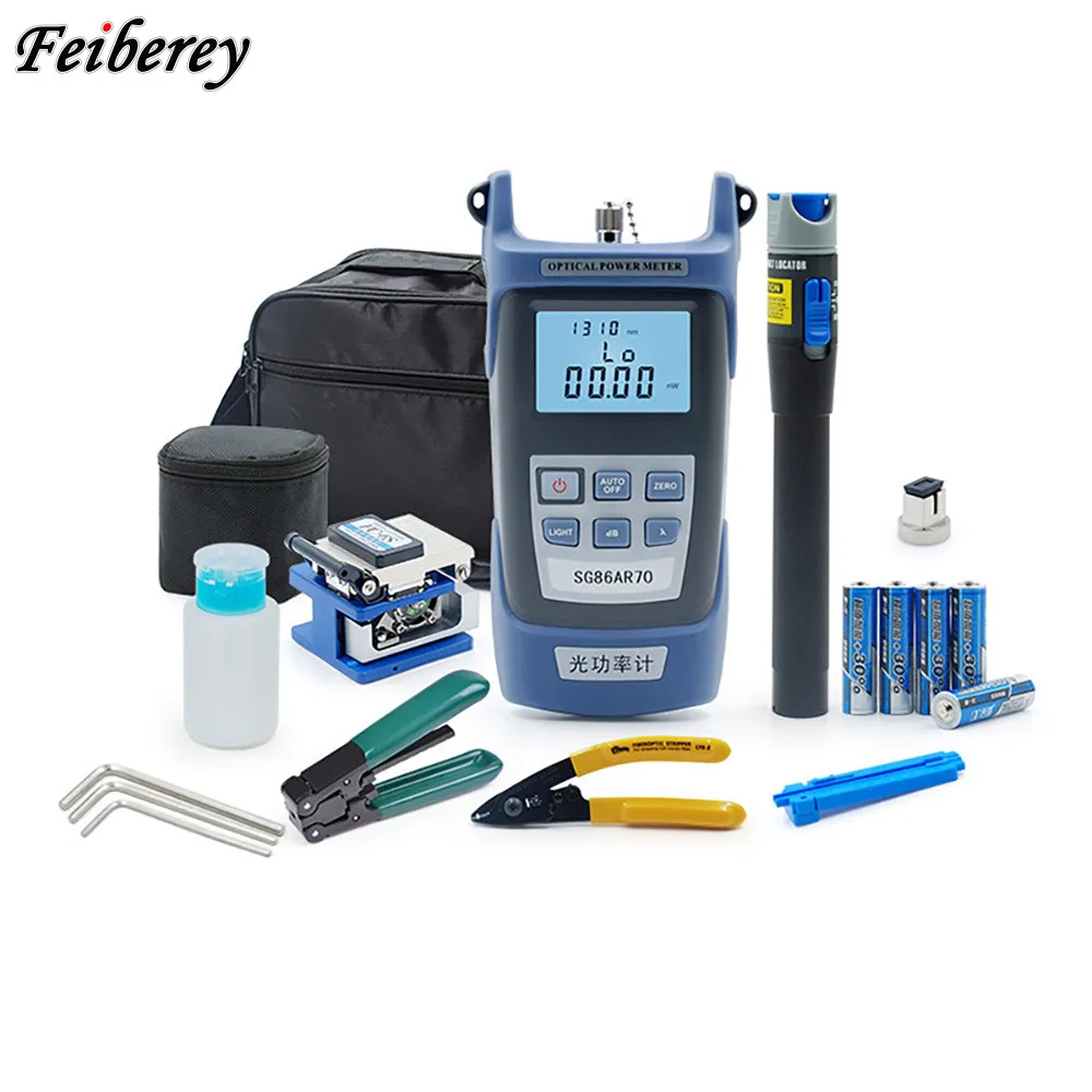 

Free Shipping FTTH Fiber Optic Tool Kit with Fiber Cleaver Fiber Optic Stripper Optical Power Meter Visual Fault Locator 1mW