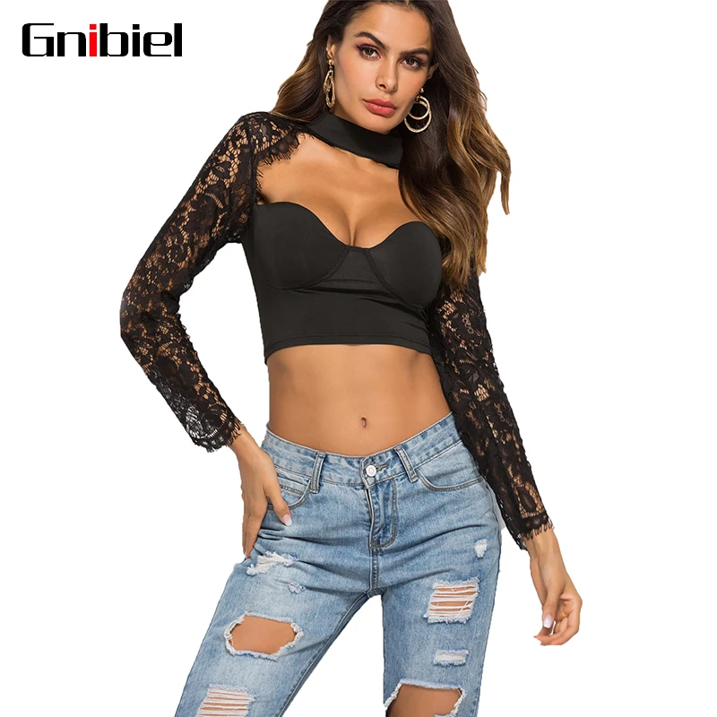 

GNIBIEL Women Long Sleeve Lace Chiffon Tops Shirt Sexy Midriff-baring Short Pure Color Low Chest Blouses Choker Black Hollow Out