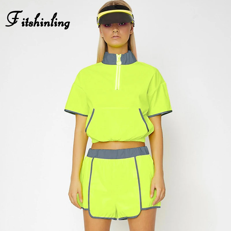 

Fitshinling Reflective Neon Two Piece Set Womens Tracksuit 2019 Streetwear Harajuku Crop Top Shorts Matching Suit Summer Sets
