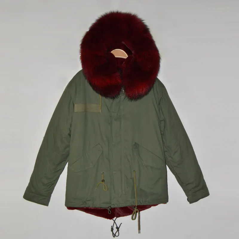 Best Price Free shipping cost rose red short style Italy brand design faux fur inside real collar winter parka
