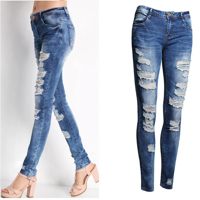 2017 Hot Fashion Ladies Cotton Denim Pants Stretch Womens Bleach Ripped