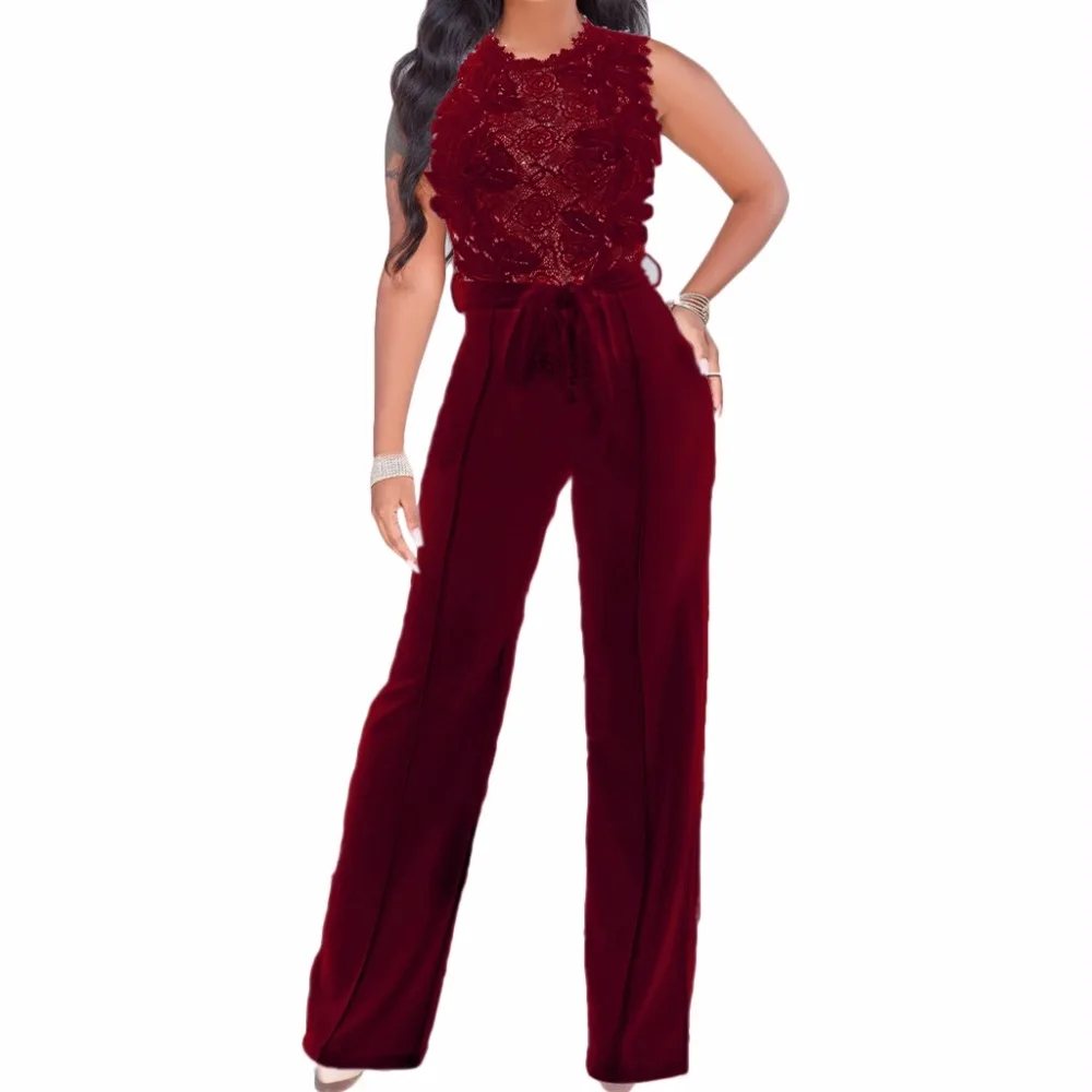 

Elegant Sexy Party Jumpsuits For Women 2018 Hollow Out Wide Leg Playsuit Sleeveless Lace Ladies One Piece Bodysuit Rompers