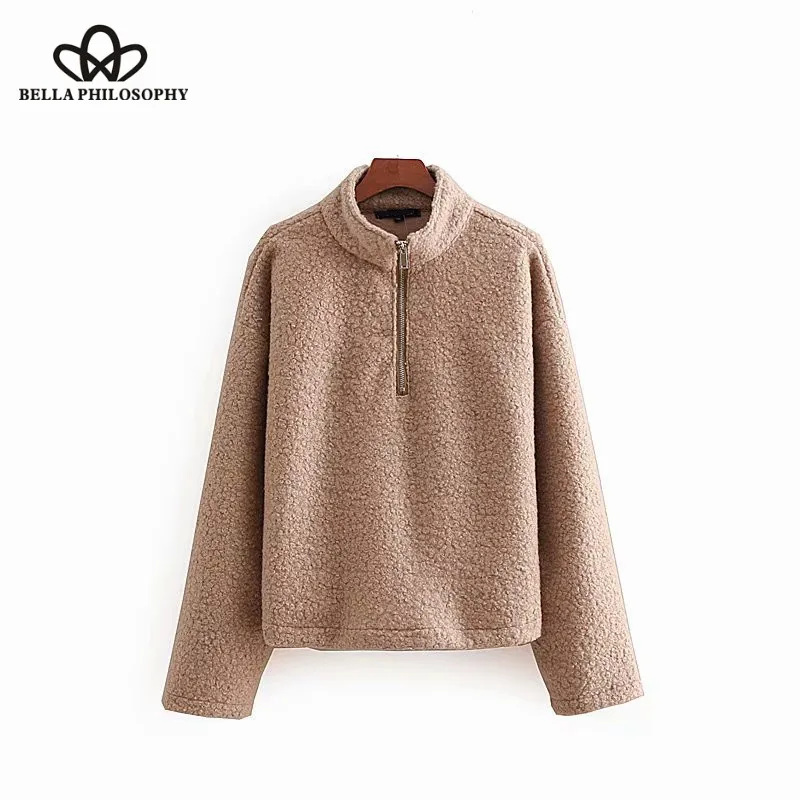 Wonder 2018 new autumn stand collar long sleeve woolen pullover hoodies ladies zipper decorate chic casual sweatershirts tops