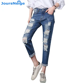 

JoursNeige Boyfriend Jeans for Women Vintage Ripped Stretch Denim Pants Ankle Length Pencil Pants Jeans Femme Plus Size