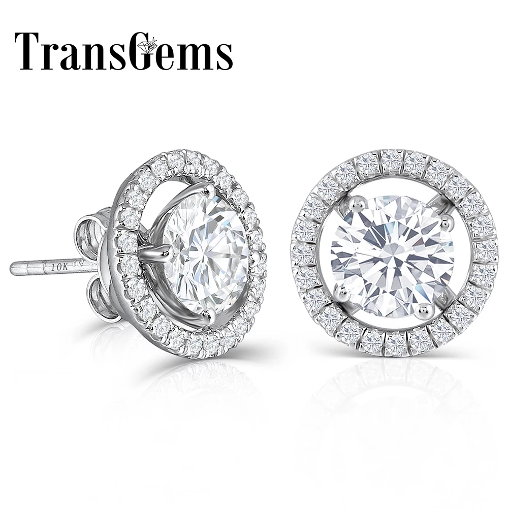 

TransGems 10K White Gold Post 2.24CTW H color moissanite Stud Earring with Jackets Platinum Plated Silver Push Back Gifts