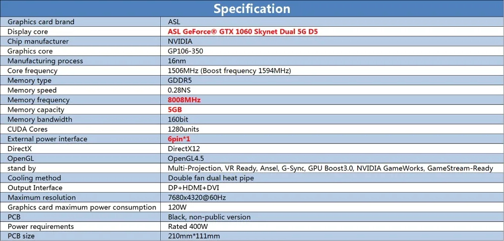 ASL видео карты GTX1060 Skynet двойной 5 г GDDR5 NVIDIA 160bit 8008 мГц 1506 1594 1280 единиц вентилятор directX