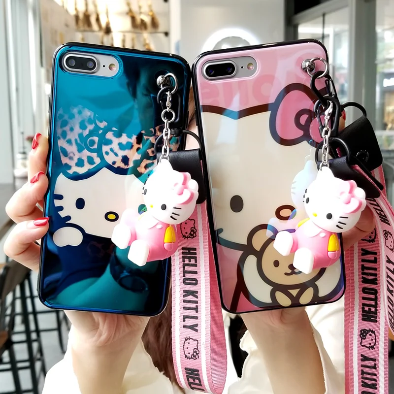 

For iPhone XS max XR X Hello kitty case, Cute KT Soft back cover For iPhone 8 8plus 7 7plus 6 6S 6SP phone cover + toy +StrapS