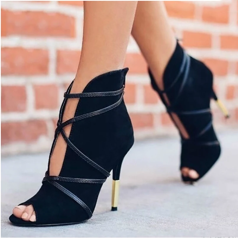 

FIDANEI 2019 New Fashion Woman Faux Suede Pumps Sexy Open Toe Ankle Boots Slip On Deep V Cut High Heel Lady Autumn Shoes