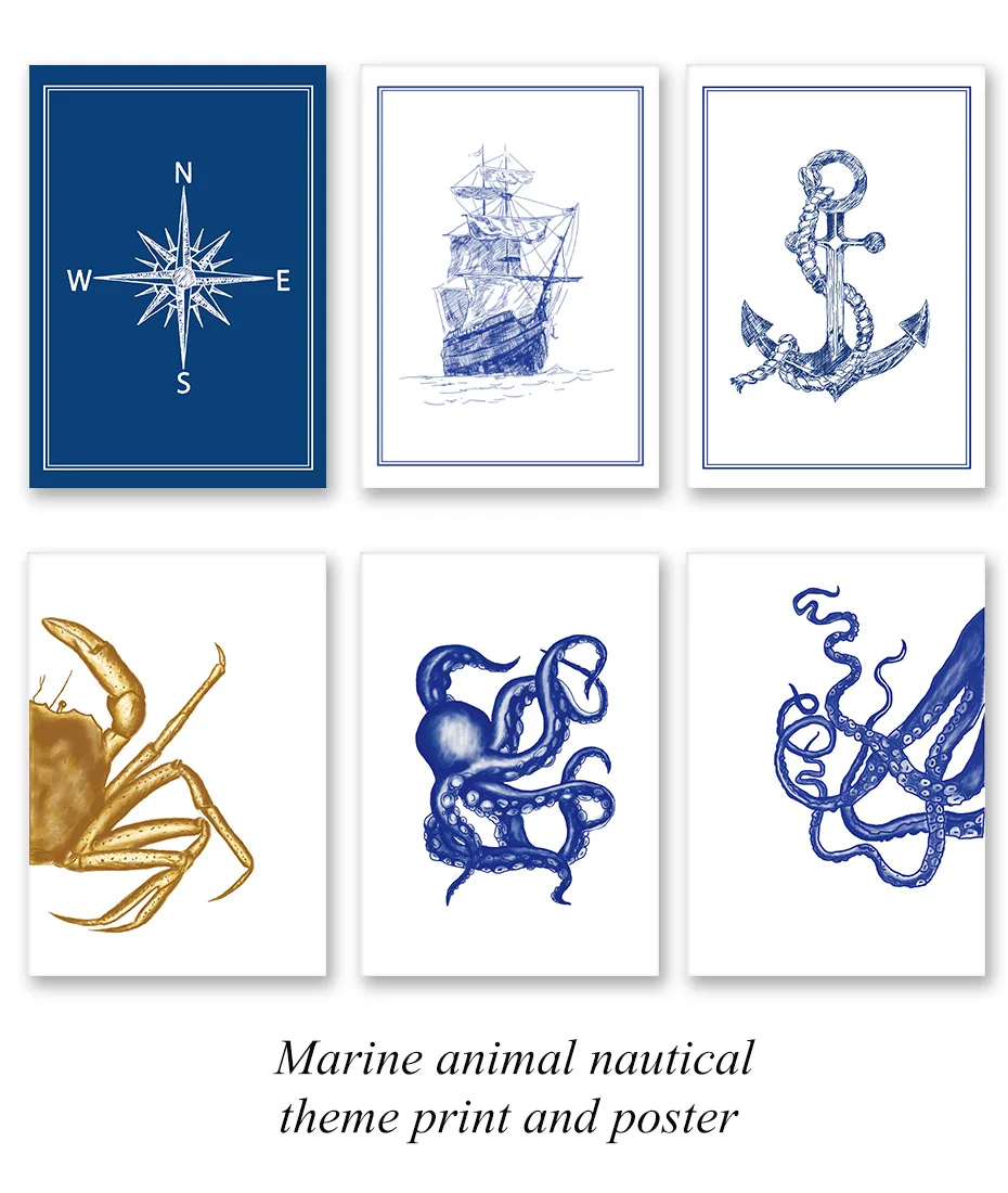 Nautical Sail Boat Octopus Crab Canvas Painting Wall Art Poster And Print Nordic Wall Pictures For Kids Room Home Decor No Frame (1)