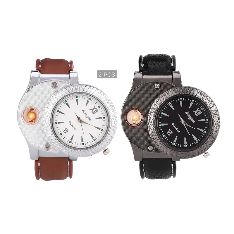 

2pcs/lot Mens Quartz Watch Lighter USB Charging Electronic Windproof Cigarette Lighters Military Army Men Sports Wristwatches 45