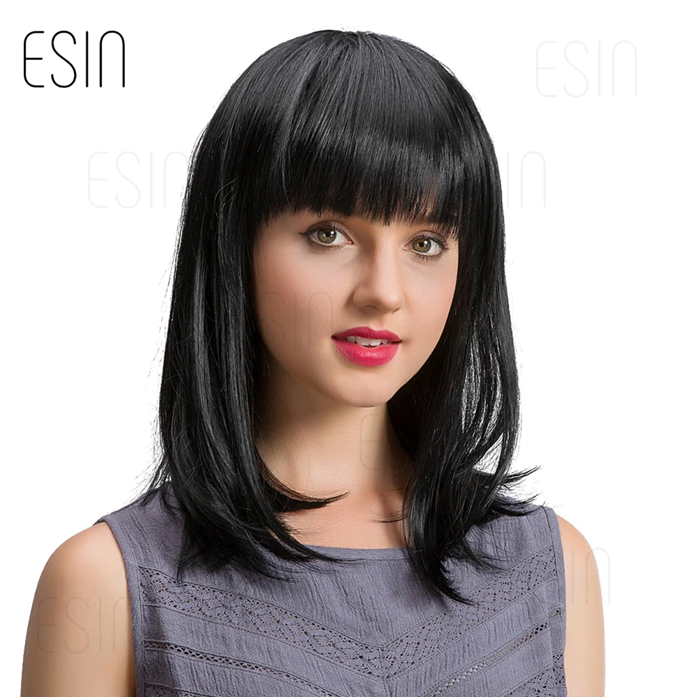 ESIN Женский парик смешанного типа 35 см Прямые шелковистые волосы 70% натуральных волос Парик каре с прямой ровной челкой на вечеринку, косплей
