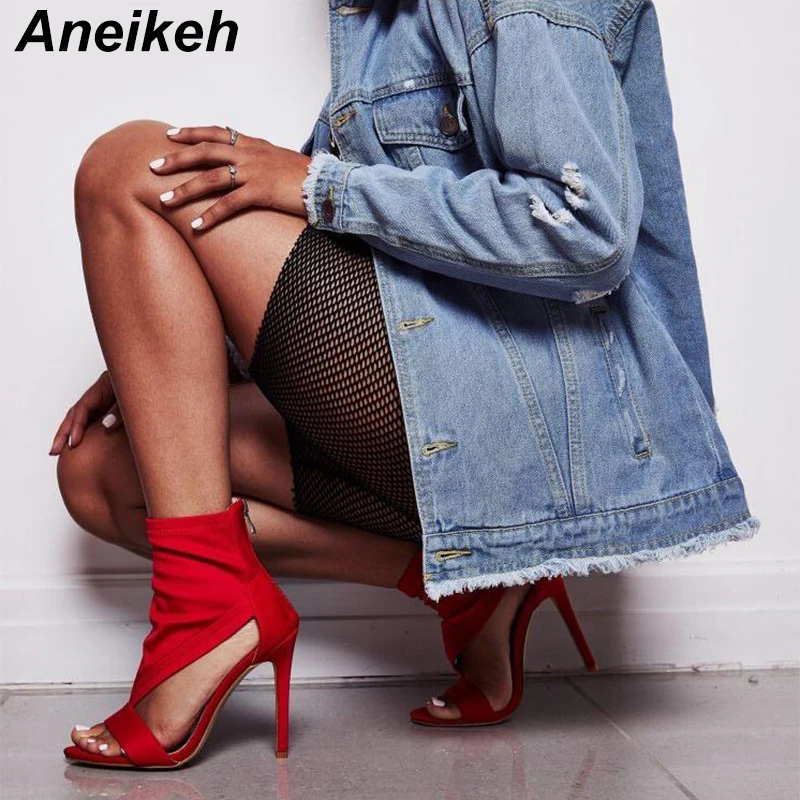 

Aneikeh Summer Autumn Cut-out Stretch Fabric Sandal Boots High Heels Sandals Open Toe Ankle Boots Black red Shoes Size 35-40