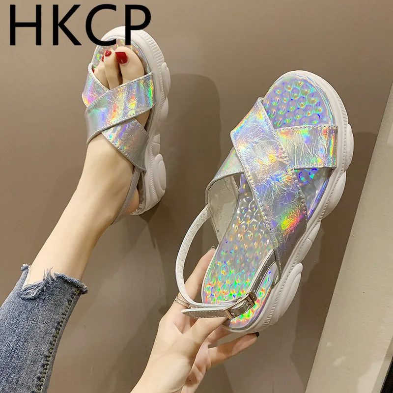 

HKCP Fashion Chunky soles for summer 2019 new Roman sequins for ladies go with muffins and student-toe sandals C262