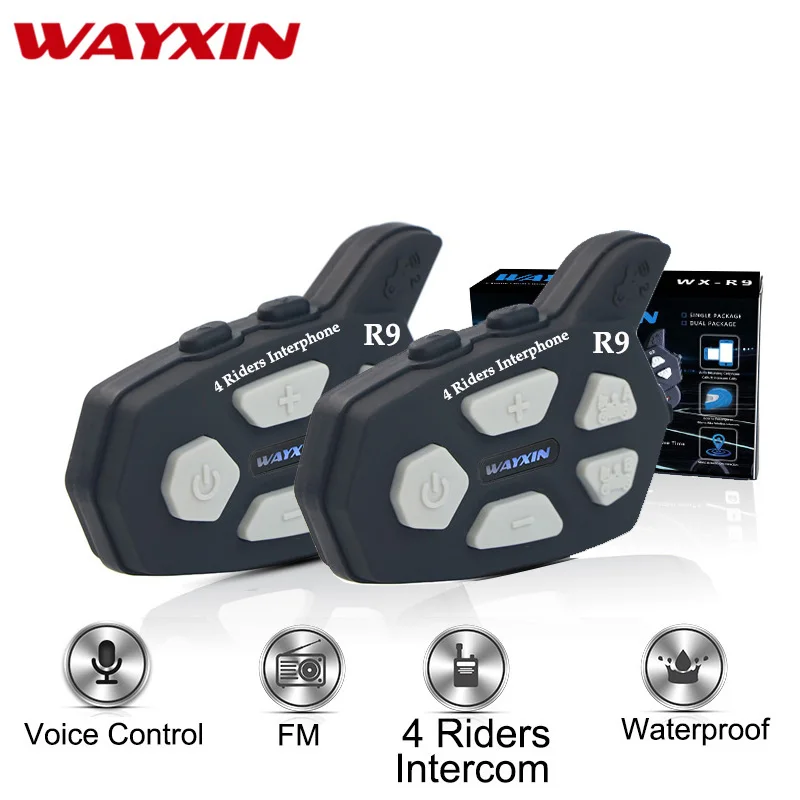 

WAYXIN Helmet Headsets 2 Pcs Bluetooth Intercom For Motorcycle R9 Intercom Motorcycle Fm 4 Rider Talking Same Time 1500M