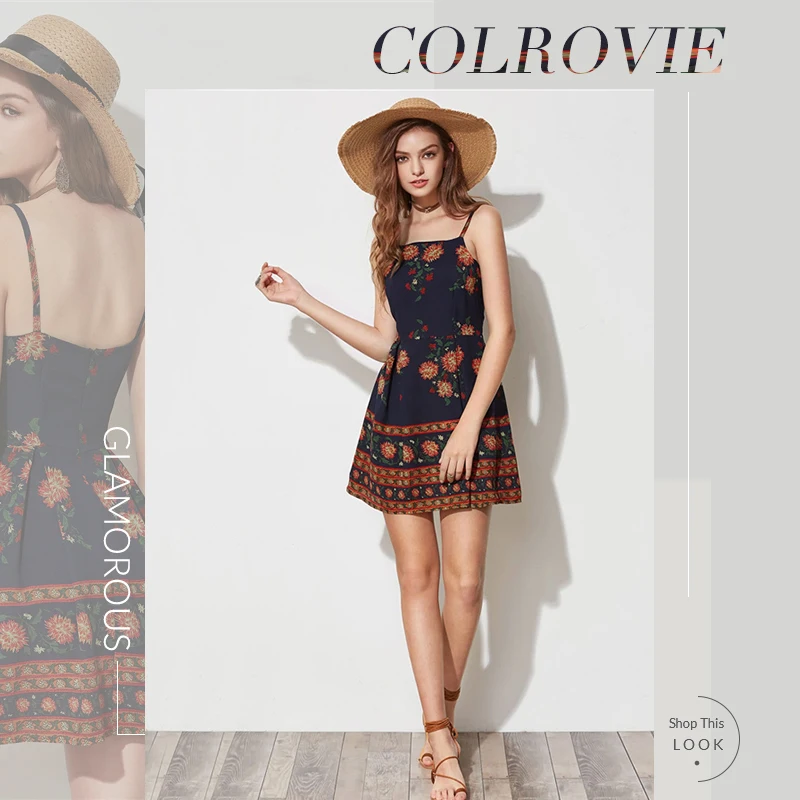 COLROVIE Floral Print Sleeveless Boho Cami Short Dress Women Summer Holiday Sundress Vacation Flared Sexy Girly Dresses