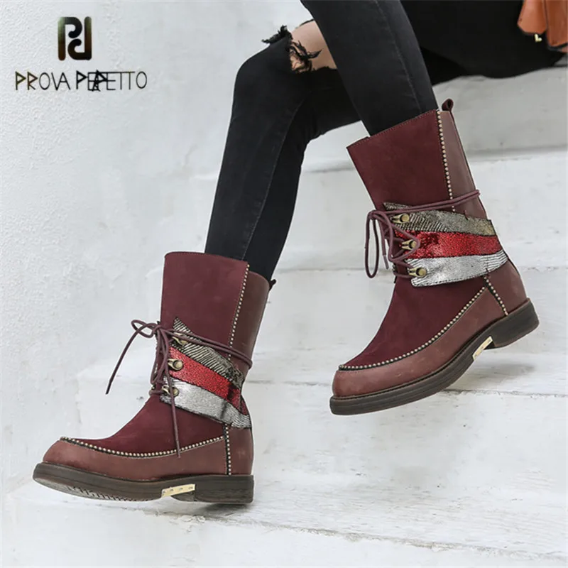 

Prova Perfetto Women High Boots Handmade Flat Riding Boot Female Platform Rubber Shoes Woman Botas Mujer Chains Decor Bota