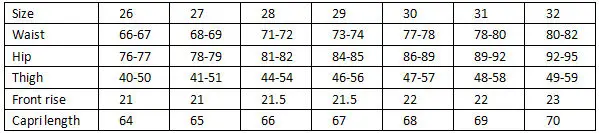 Capris table size