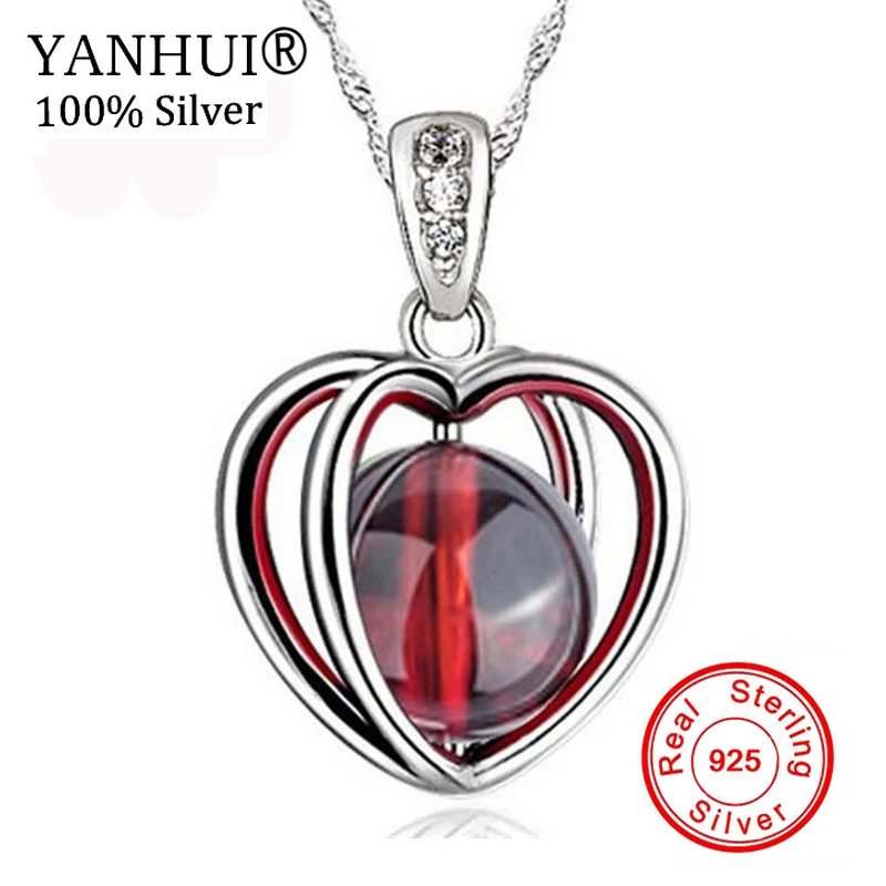 

YANHUI Retro Royal Garnet Gem Stone 100% 925 Sterling Silver Natural Red Crystal Heart Pendant Necklace Female Fine Jewelry A13