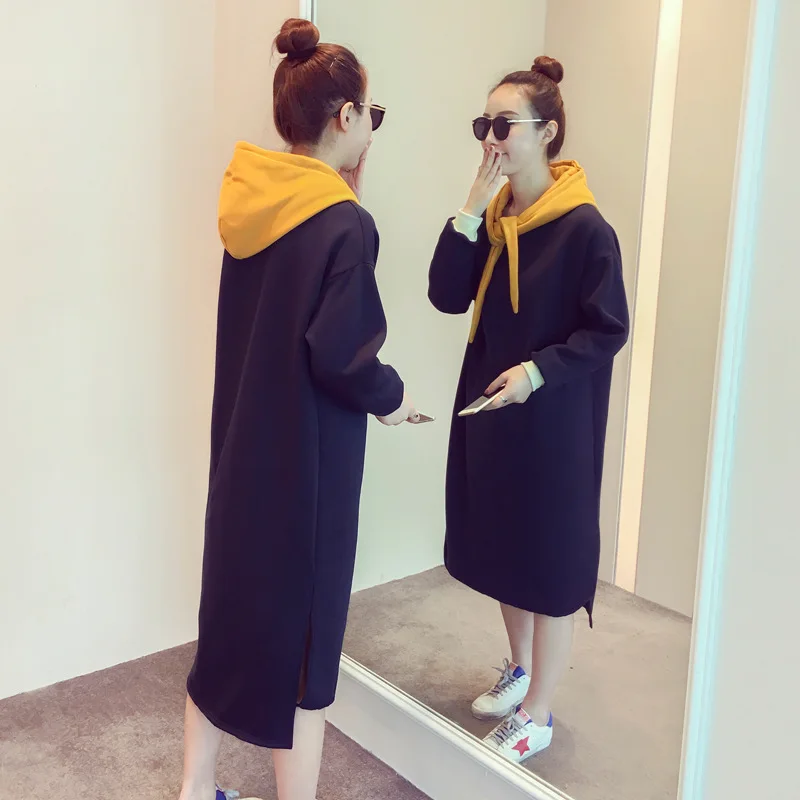 Baratos Nuevo Otoño Invierno Vestidos de mujer Vestidos de moda talla grande dobladillo sólido tenedor Patchwork con capucha sudaderas vestido para mujer de una pieza
