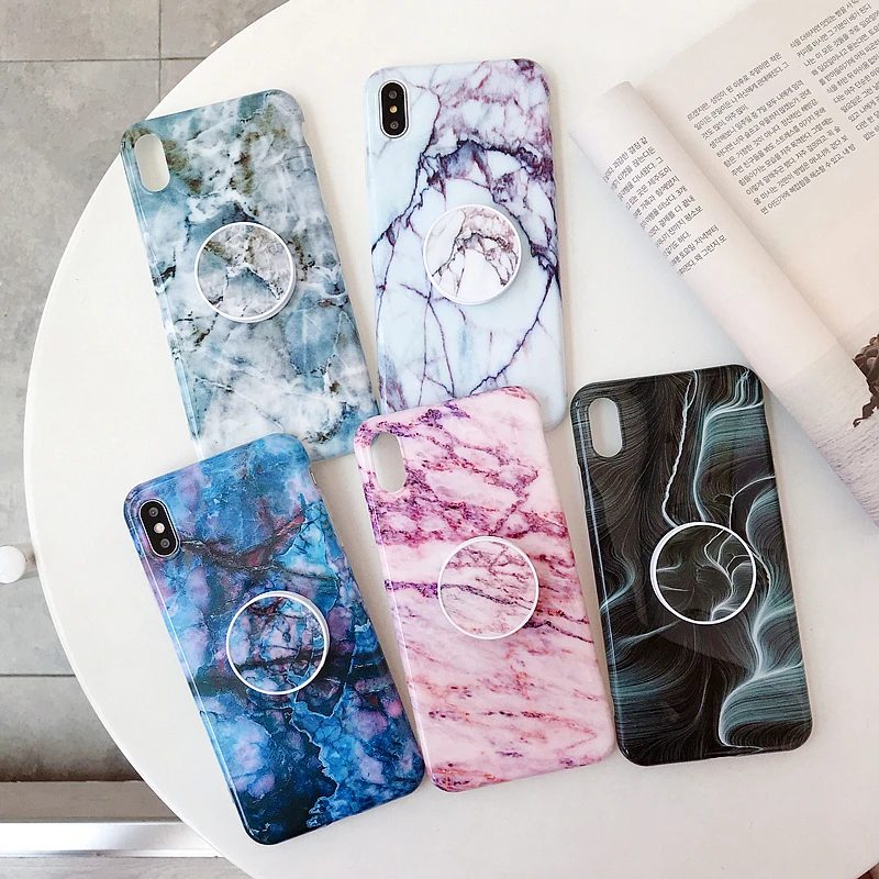 

Retro Grip Holder Stand Glossy Marble Phone Case For iPhone XS Max XR X 10 8 7 6s 6 Plus Soft TPU Back Cover Luxury Funda Coque
