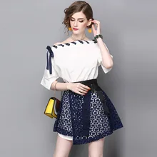 L G High Quality Fashion Cute Women 2 Pieces Drawstring Slash neck Tops + Lace Skirt Slim Girl Suit Set
