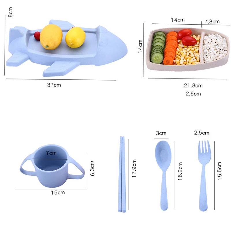 6 шт./компл. детская тарелка для Кормление детей бамбуковое волокно Посуда Мультфильм Тарелки самолет с вилкой Ложка Палочки Посуда MBG0368